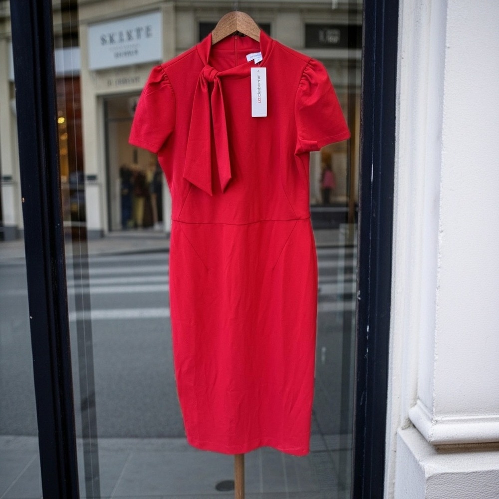 Liz Claiborne Red Tie Neck Puff Sleeve Sheath Dress Cabaret Red Size 10 NWT